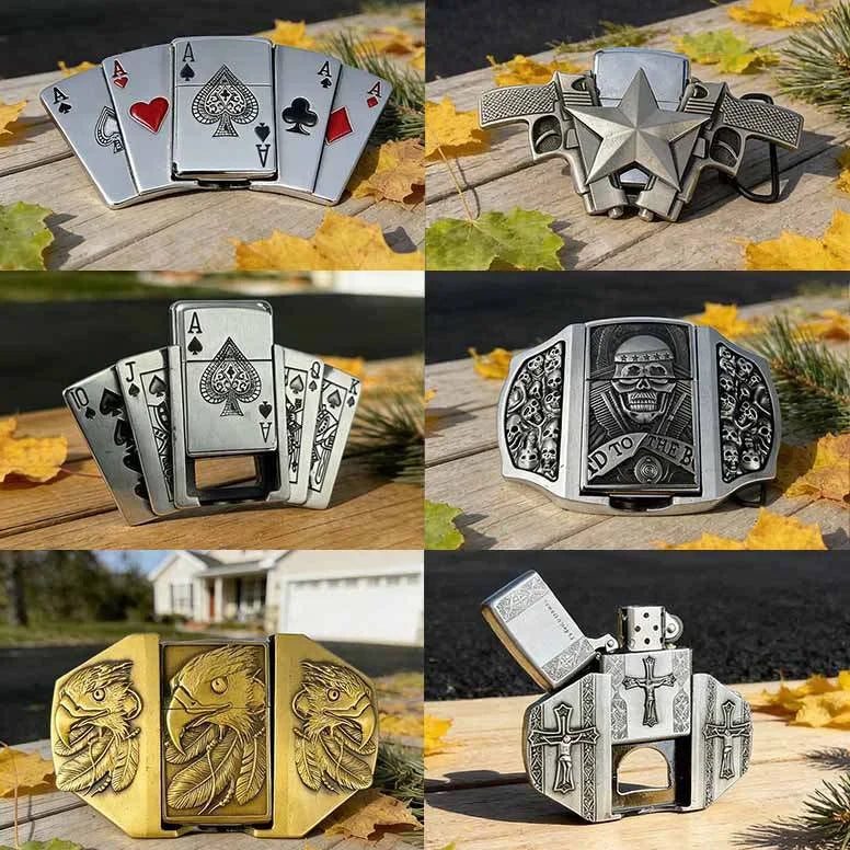 Collage aus sechs verschiedenen dekorativen Gürtelschnallen-Designs mit eingebauten Feuerzeugen, darunter Spielkarten-, Stern-, Totenkopf-, Adler- und Kreuz-Stile.