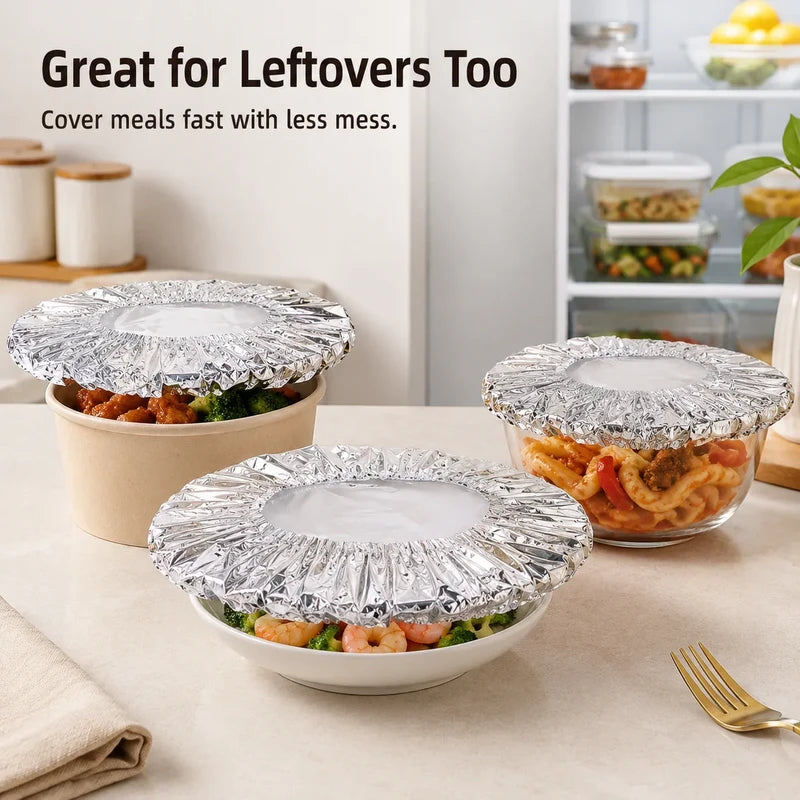 Three food containers with leftovers on a counter, each sealed with microwavable dish covers, near a fridge.