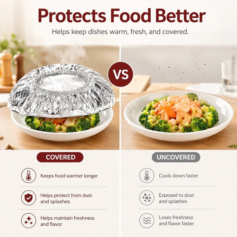 Microwavable Dish Covers - A microwavable dish cover covers a plate of shrimp and broccoli, compared side-by-side to an uncovered identical plate of the same food.