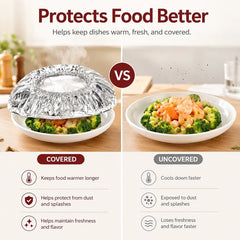Microwavable Dish Covers - A microwavable dish cover covers a plate of shrimp and broccoli, compared side-by-side to an uncovered identical plate of the same food.