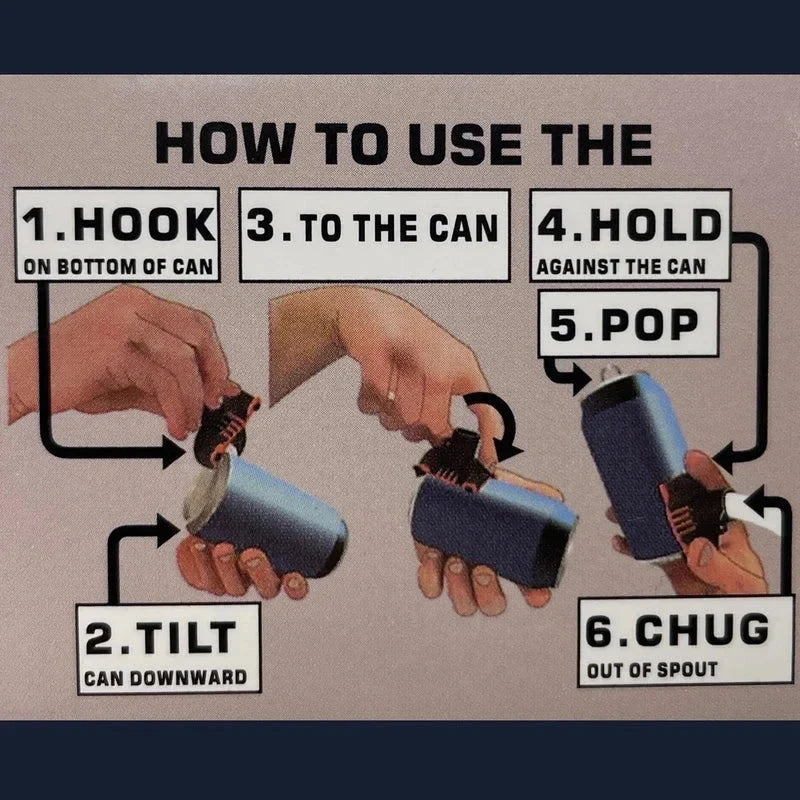 Can Tab Opener - Illustrated step-by-step guide for using the can tool on a beverage can, with six numbered steps.