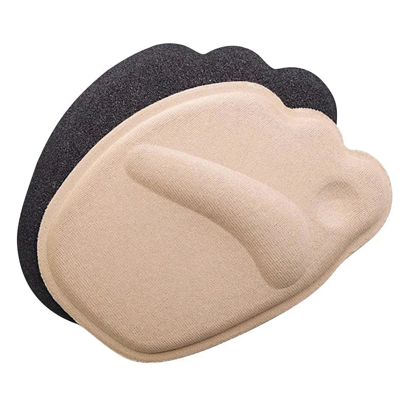 almohadillas de esponja para el antepié - Almohadilla para el pie de dos capas en color beige y negro con forma adaptada al antepié, con una cresta elevada curva y una pequeña hendidura