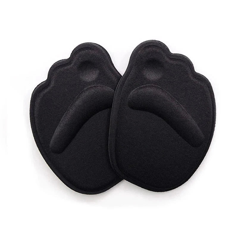 almohadillas de esponja para el antepié - Par de plantillas acolchadas con forma de pie cubiertas de tela negra, vista superior sobre fondo blanco