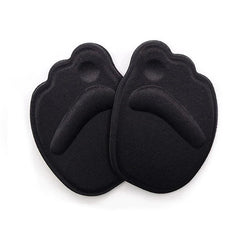 almohadillas de esponja para el antepié - Par de plantillas acolchadas con forma de pie cubiertas de tela negra, vista superior sobre fondo blanco