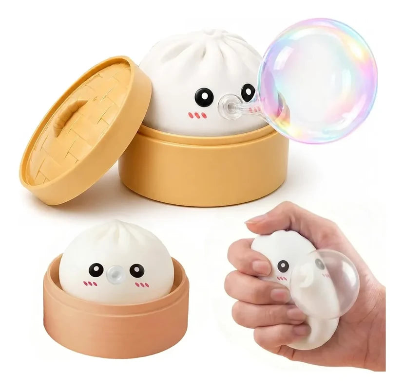 Sensory Bubble - White cartoon steamed bun squeeze toy with bamboo steamer container, shown blowing a bubble and being squeezed in hand.