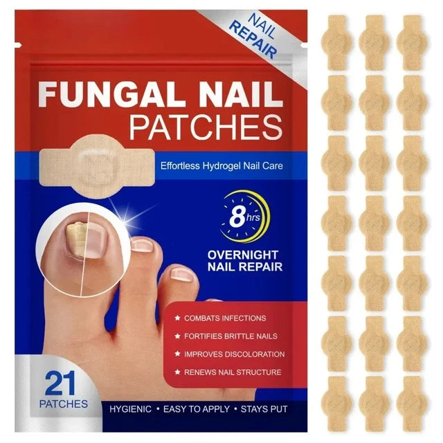 Fungus Patch - Sealed retail pack of fungal nail repair patches displayed next to a full set of 21 individual patches arranged in a grid
