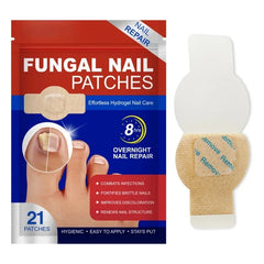 Fungus Patch - Sealed retail pack of fungal nail repair patches displayed next to a single patch showing its protective release film