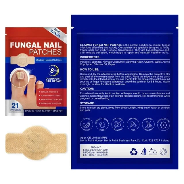 Fungus Patch - Front and back of fungal nail patch retail pack displayed alongside a single loose patch, showing usage instructions and product details