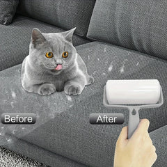 Gel Lint Roller - Hand holding a lint roller cleaning a gray sofa, split view showing before and after cat hair removal with a gray cat on the sofa