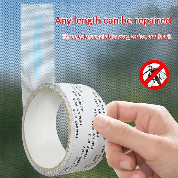 Hand holding a roll of window screen repair tape over a mesh screen, with text noting any length repairable and three color options, plus a no-mosquito icon