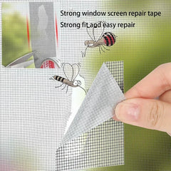 Hand applying window screen repair tape to a torn screen, with cartoon mosquitoes near the hole, scissors shown in a small inset, and text about strong fit