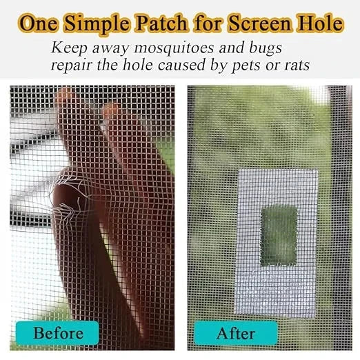 Before and after of a hole in a window screen patched with window screen repair tape.