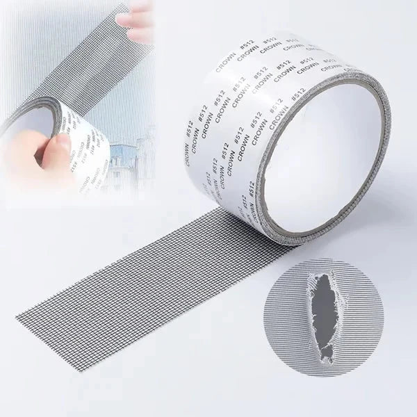 Roll of window screen repair tape shown with a torn screen and a hand peeling the tape.
