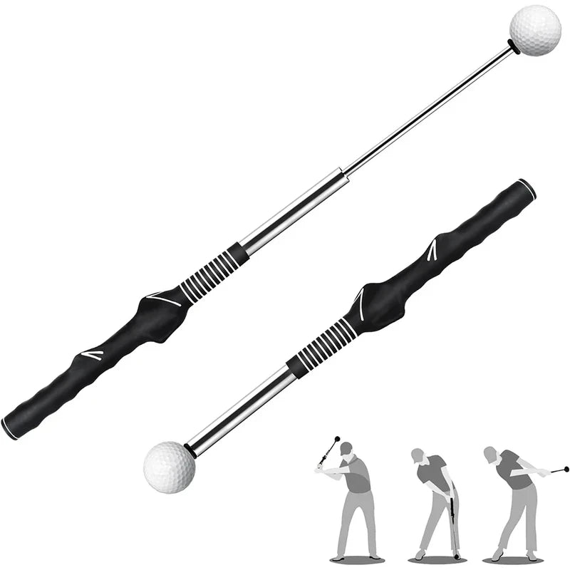 Golf Swing Training Aid - Retractable practice trainer shown in extended and contracted positions with swing motion demonstration silhouettes
