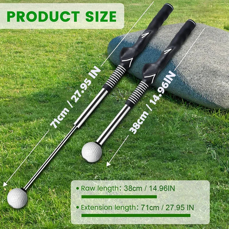 Ayuda de entrenamiento de swing de golf: dos entrenadores colocados sobre el césped mostrando medidas de longitud contraída y extendida