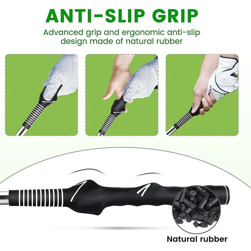 Golf Swing Training Aid - Close-up of anti-slip golf grip, three-step grip demonstration, and natural rubber material inset