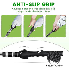 Golf Swing Training Aid - Close-up of anti-slip golf grip, three-step grip demonstration, and natural rubber material inset