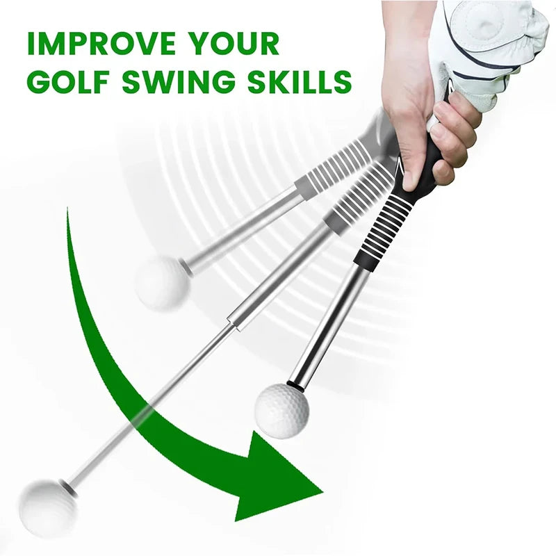 Golf Swing Training Aid - Gloved hand holding golf swing trainer, showing swing motion arc with motion blur