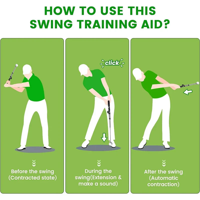 Golf Swing Training Aid - Three-part diagram showing swing training aid use: contracted state, extended with click sound, post-swing contraction