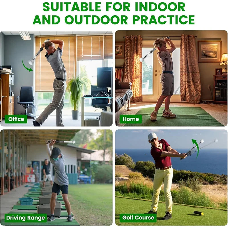 Golf Swing Training Aid - Four-panel collage showing a golf swing trainer used in office, home, driving range, and golf course settings