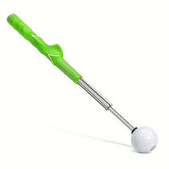 Ayuda de entrenamiento de swing de golf con agarre moldeado verde, eje metálico telescópico y bola de golf blanca acoplada
