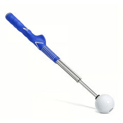 Ayuda de entrenamiento de swing de golf con agarre moldeado azul, eje metálico telescópico y bola de golf blanca acoplada
