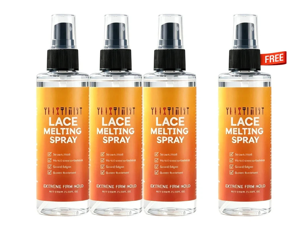 Extreme Hold Lace Melting Spray - Four identical lace melting spray bottles arranged in a row, with a free tag on the rightmost bottle's cap