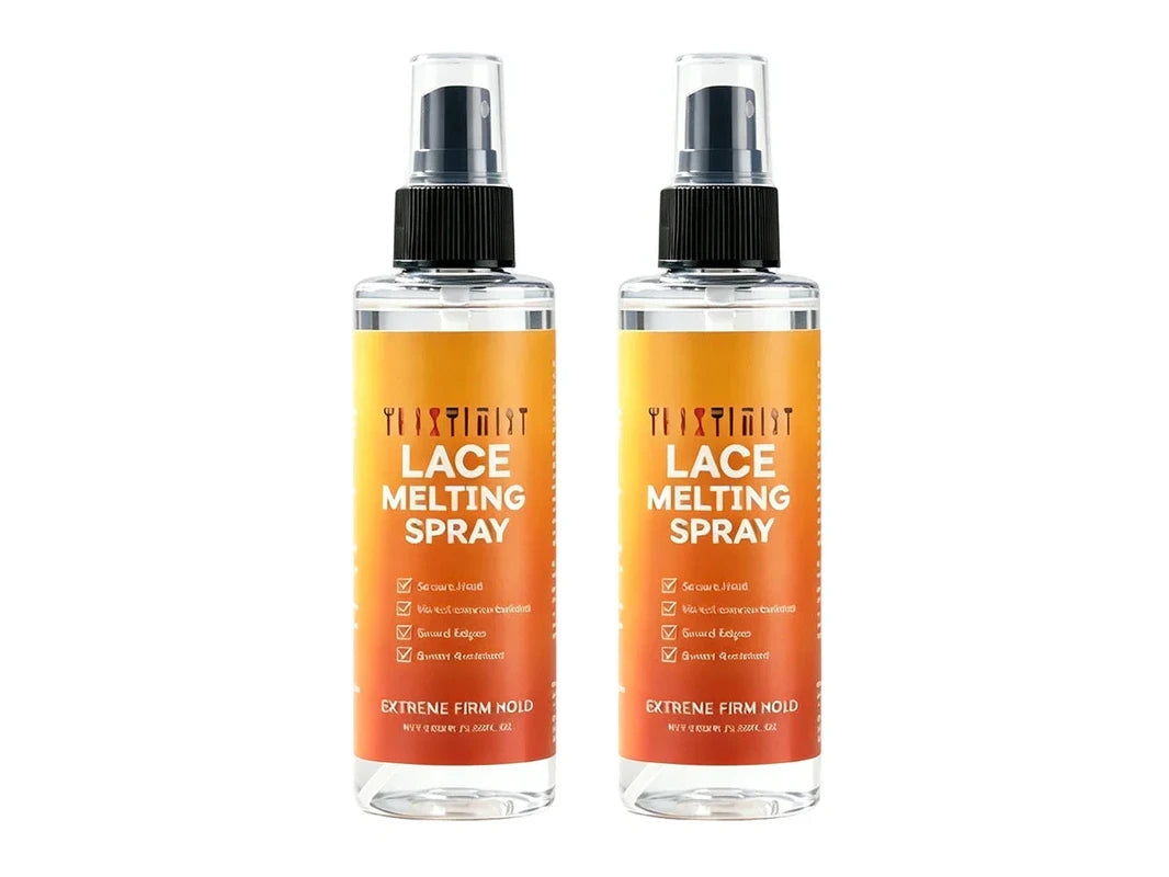 Extreme Hold Lace Melting Spray - Two identical clear spray bottles with orange gradient lace melting spray labels, black spray pumps, on white background