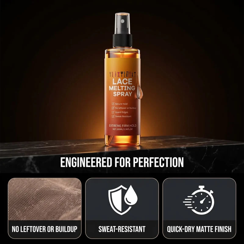 Extreme Hold Lace Melting Spray - Product bottle on dark marble surface highlighting no buildup, sweat resistance, and quick-dry finish features