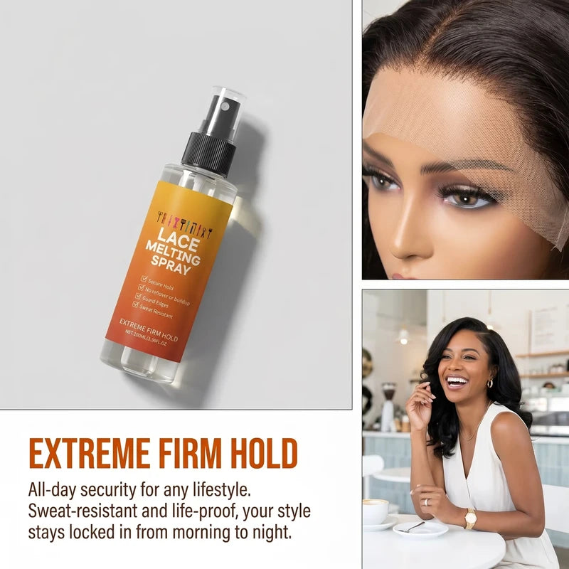 spray derretidor de encaje - Botella inclinada de spray derretidor de encaje junto a dos fotos: una pieza de encaje para el cabello sobre una frente, y una mujer sonriente en una mesa de café