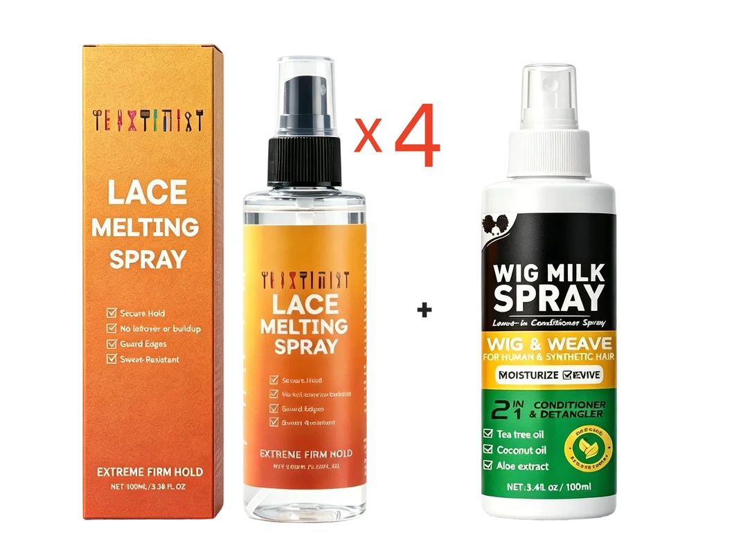 Extreme Hold Lace Melting Spray - Lace melting spray box, four lace melting spray bottles, one wig milk spray bottle arranged on white background
