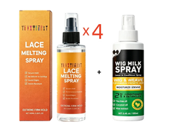 Extreme Hold Lace Melting Spray - Lace melting spray box, four lace melting spray bottles, one wig milk spray bottle arranged on white background