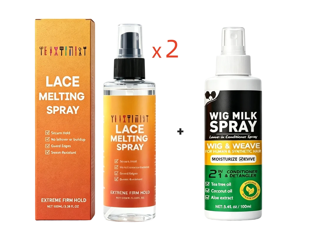 Extreme Hold Lace Melting Spray - 2 bottles of lace melting spray with one product box, plus one bottle of wig milk spray, displayed on a white background