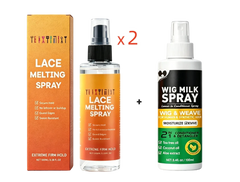 Extreme Hold Lace Melting Spray - 2 bottles of lace melting spray with one product box, plus one bottle of wig milk spray, displayed on a white background