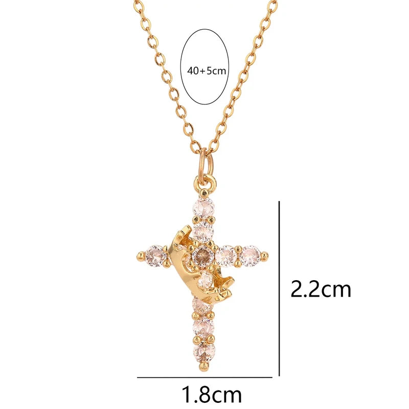 Faith Necklace - Gold-tone crystal-embellished cross pendant on gold chain, with 40+5cm length and pendant dimension measurements marked