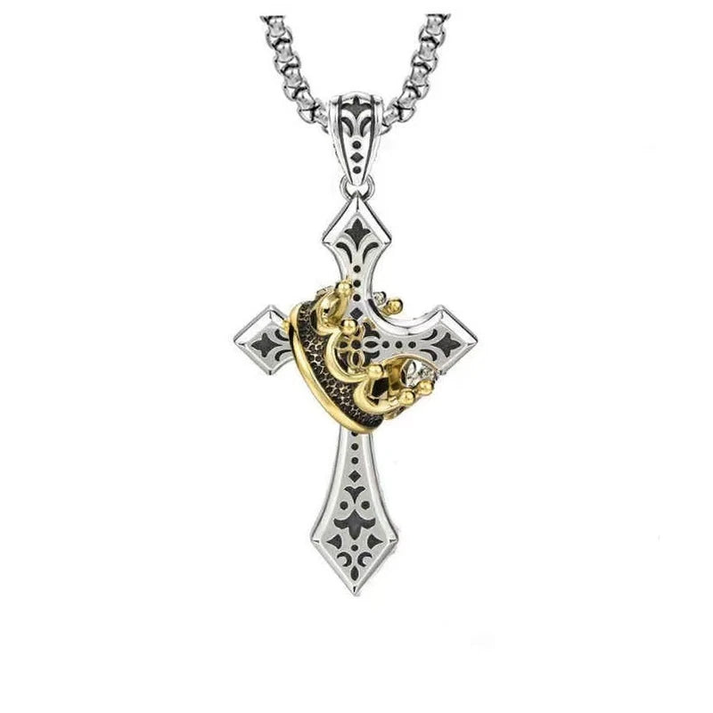 Crown Pendant - Silver cross pendant necklace with gold crown detail, displayed against a plain white background showing full pendant details