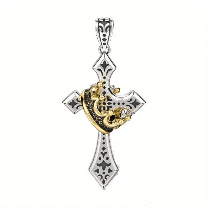 Crown Pendant - Front-facing two-tone cross pendant with crown detail, on a plain white background.