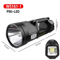 مصباح يدوي كشاف شمسي قابل لإعادة الشحن - كشاف LED يدوي أسود مع أبعاد المقاس الموضحة، بالإضافة إلى لقطة مقربة لرأس الإضاءة الخلفي