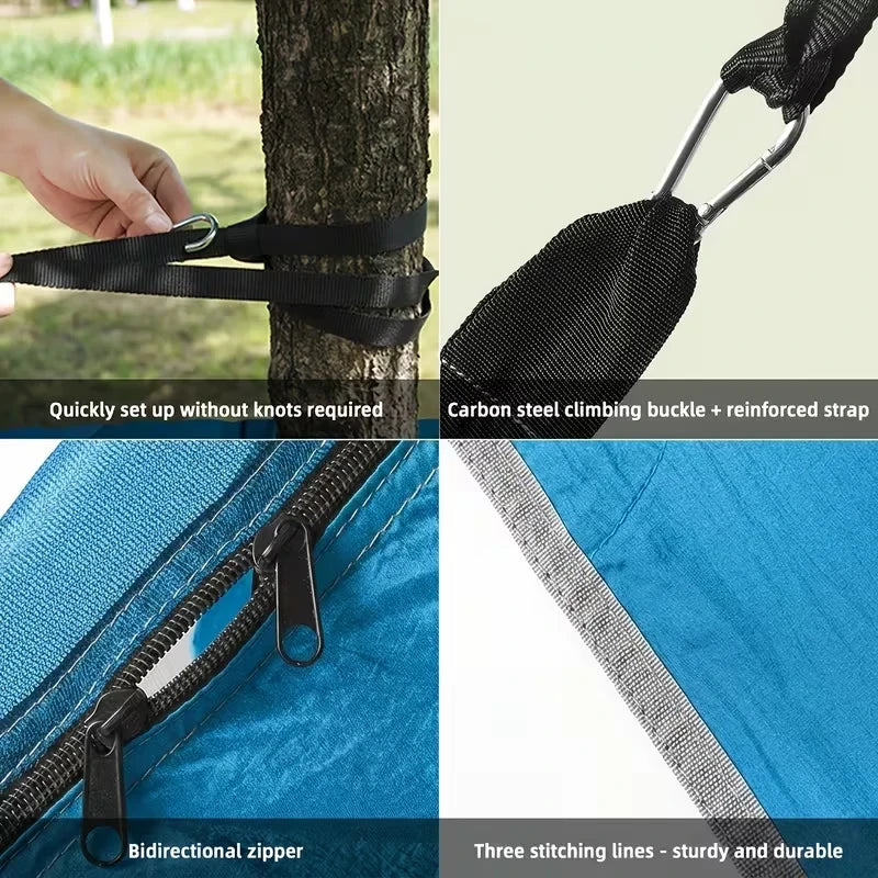 Mosquitero - Cuatro tomas de detalle en primer plano de una hamaca tienda azul: correas para árbol, hebilla metálica, cremallera bidireccional y costuras de tela.