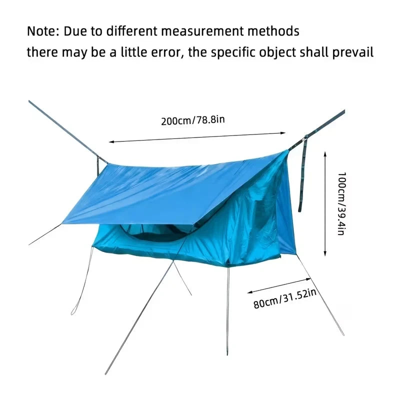 Mosquitero - Tienda azul suspendida con cubierta impermeable, mostrada con medidas dimensionales marcadas sobre fondo blanco
