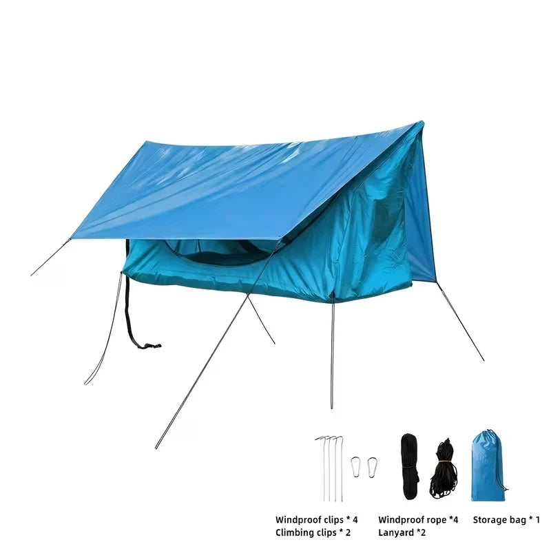 Mosquitero - Tienda de camping azul suspendida con cobertizo acoplado, mostrada con accesorios y bolsa de almacenamiento, piezas etiquetadas debajo.