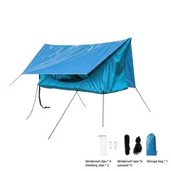 Mosquitero - Tienda de camping azul suspendida con cobertizo acoplado, mostrada con accesorios y bolsa de almacenamiento, piezas etiquetadas debajo.
