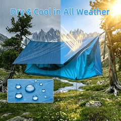 Mosquitero - Hamaca tienda azul suspendida mostrada en escena dividida: lluvia a la izquierda, soleado a la derecha, con gotas de agua insertadas y texto superpuesto.