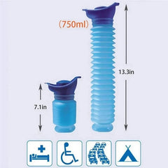 750ml collapsible portable urinal, compressed and extended size dimensions, multi-use scenario icons