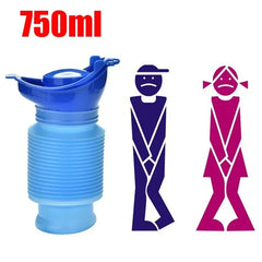 750ml unisex portable collapsible urinal with male and female urgent toilet need icons, blue travel pee bottle