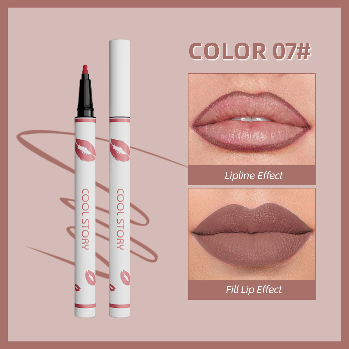 Cool Story Lip Liner - White COOL STORY lip pen 07, swatch of pinkish brown lip line, and pinkish brown filled lips on a light pink background