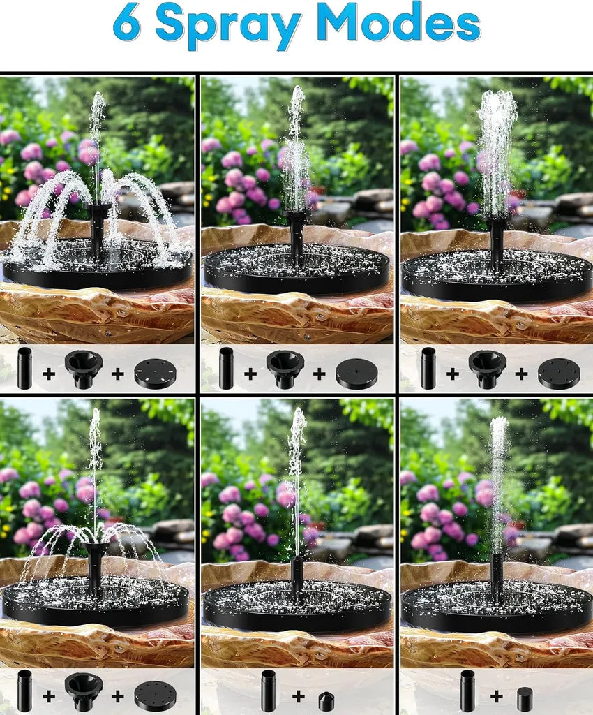 6 interchangeable spray nozzles for solar fountain: fan, jet, shower, cascade, mist, and single-stream patterns
