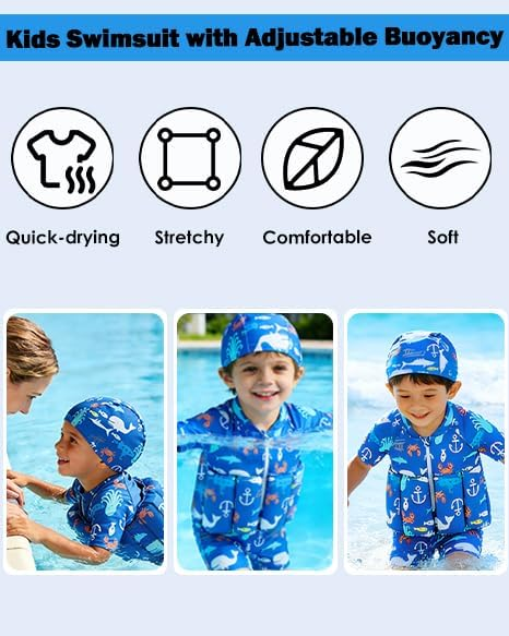 Quick-dry stretchy kids buoyancy swimsuit features and child pool use demo