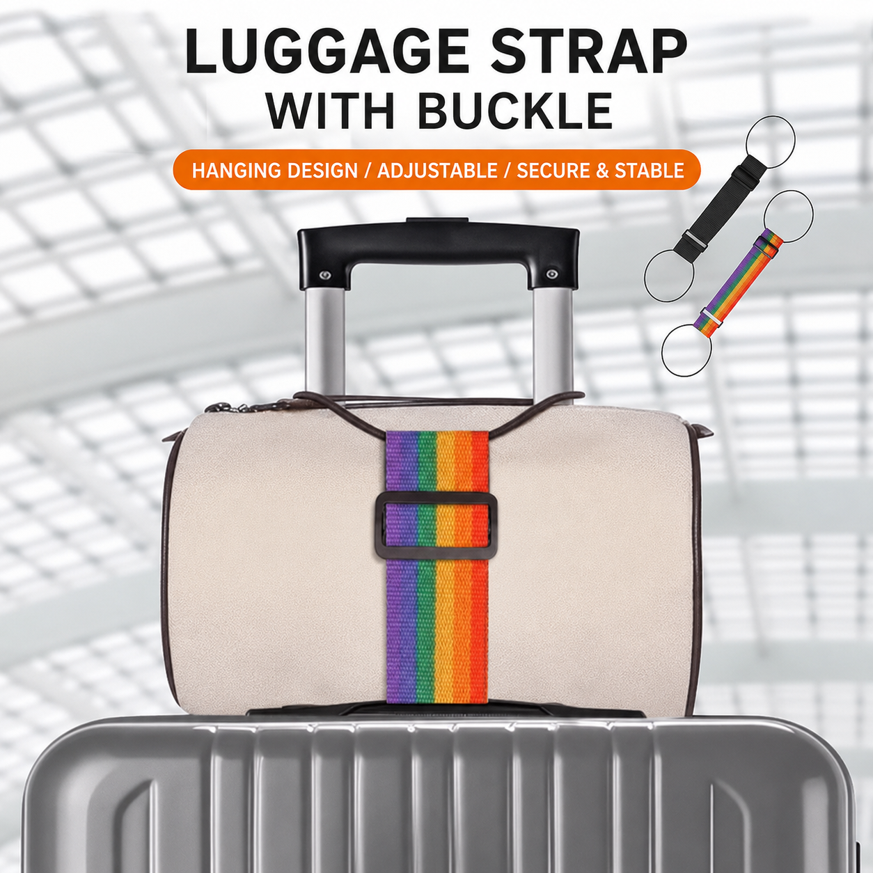 Rainbow adjustable luggage strap with buckle secures bag on suitcase handle, travel accessory