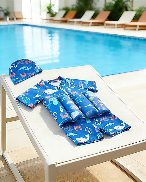 Blue toddler buoyancy swimsuit with swim cap laid by swimming pool